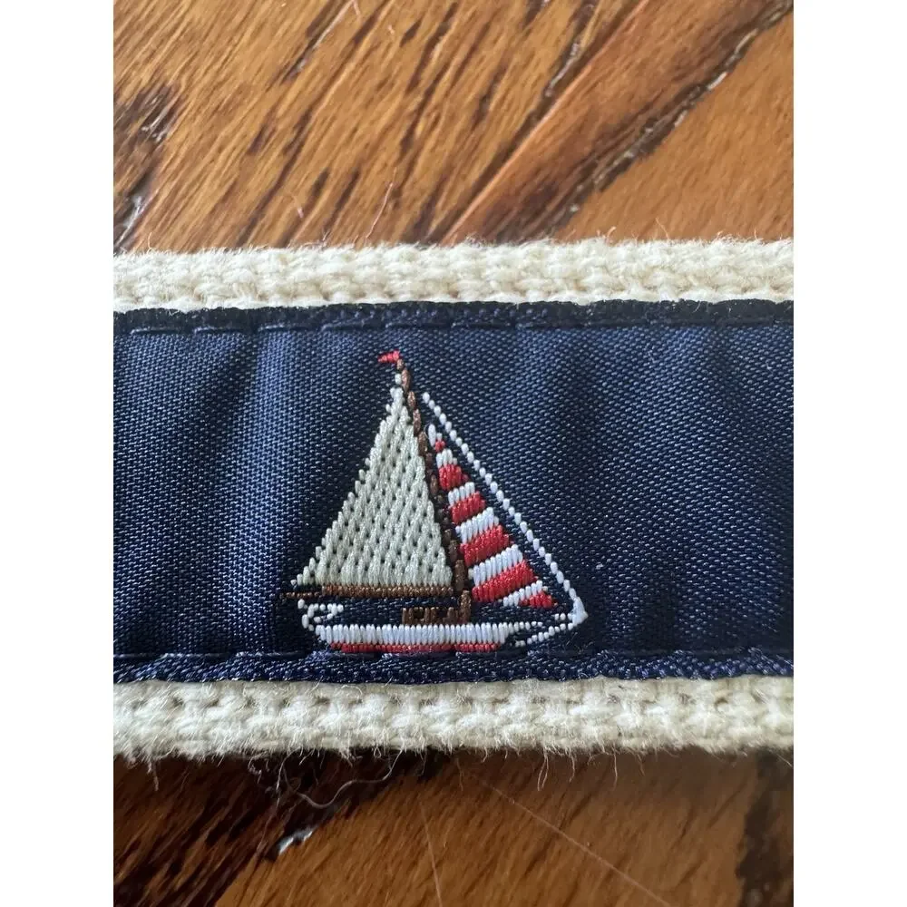 Sailboats Nautical Leather Tip Belt Mens 30 Khaki Web Brass Buckle Embroidered